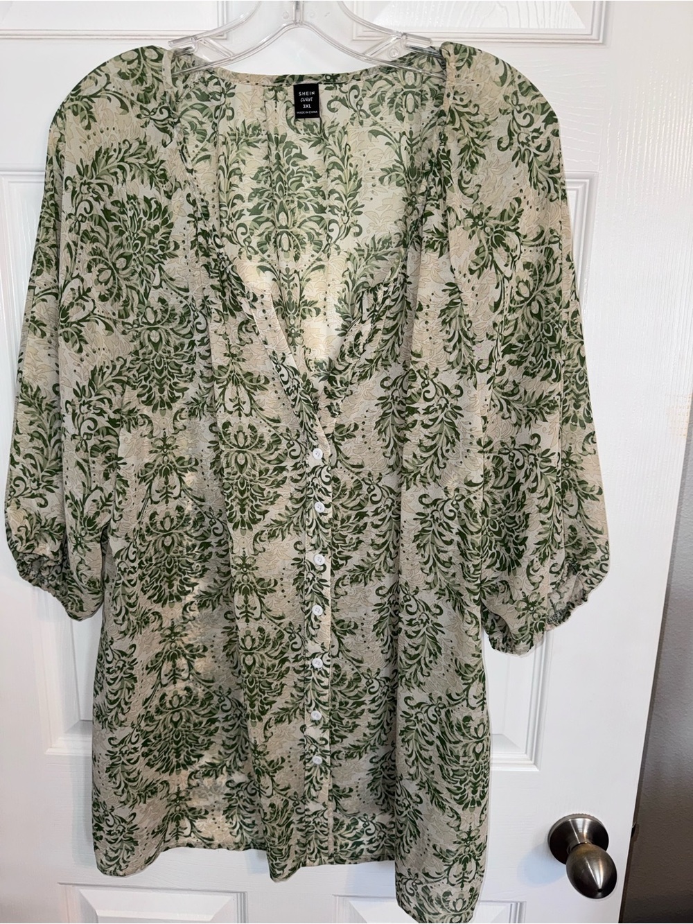SHEIN Green and Cream Floral Sheer Button-Front Puff Sleeve Top